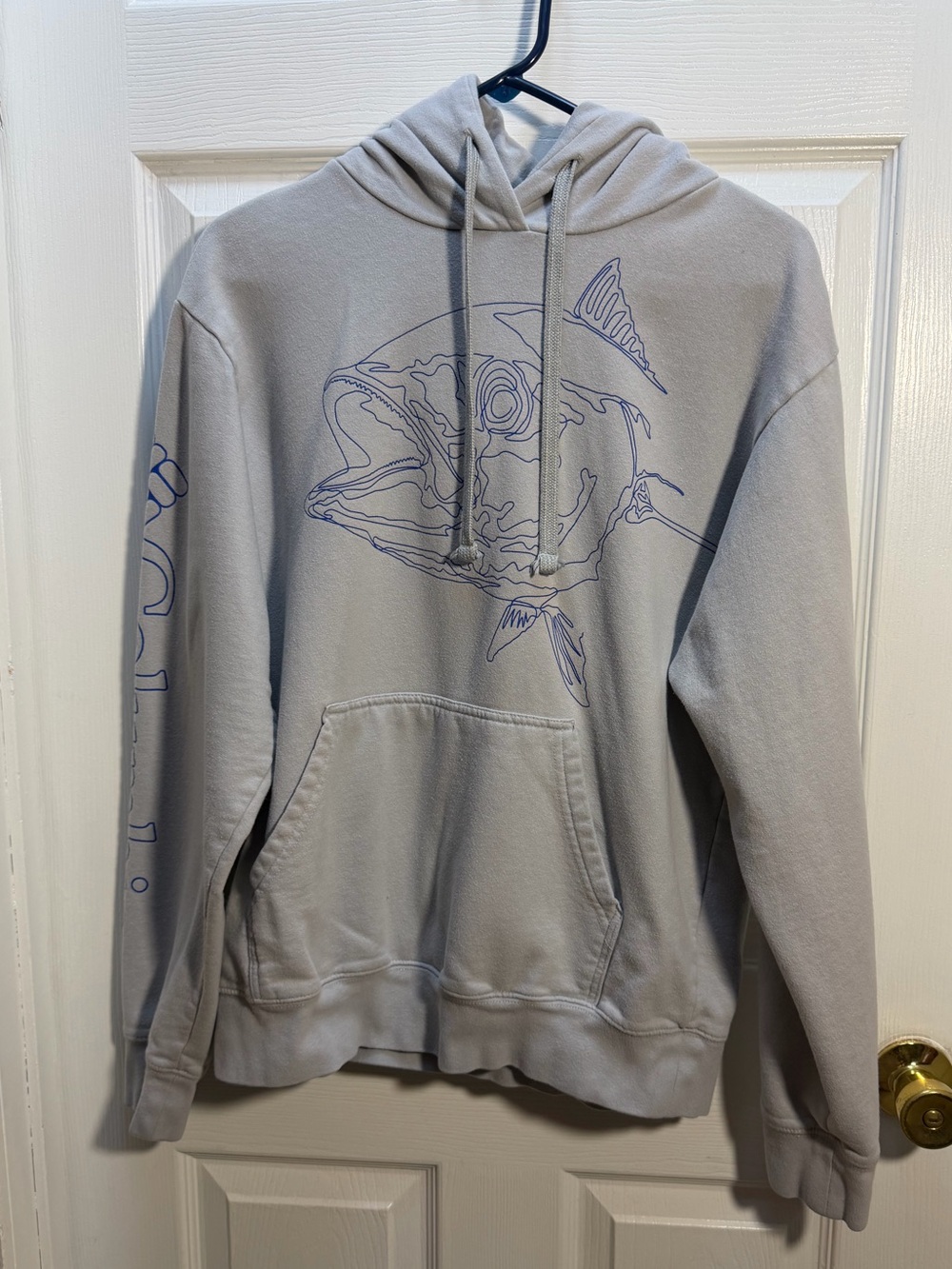 Columbia Light Gray Hoodie with Navy Fish Outline Graphic